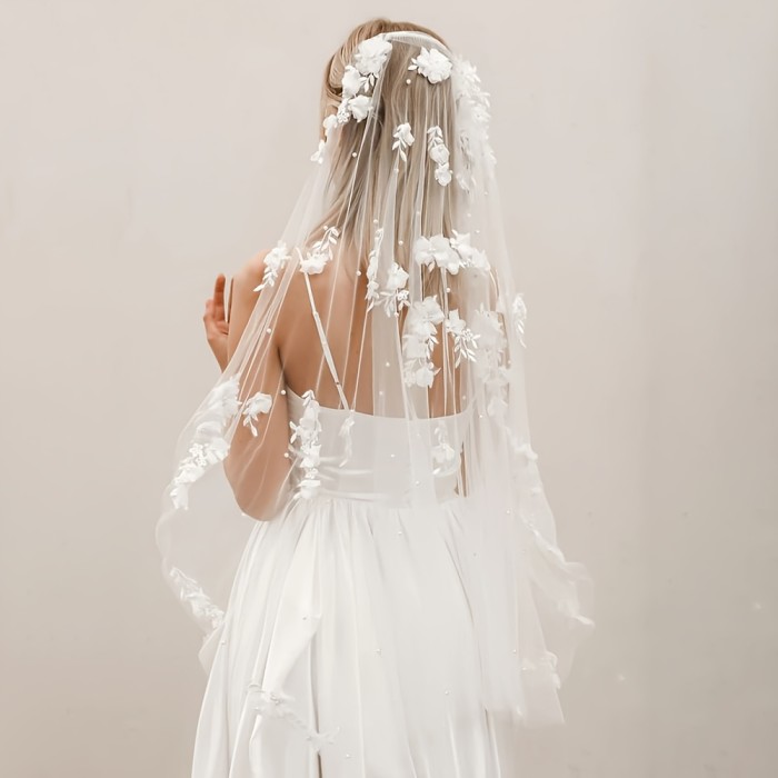 3D Bridal Veil Romantic White or Ivory 3D Floral & Bridal Veil with Comb | 1 Meter Long, Single Layer Design for Brides, Hand Wash Only