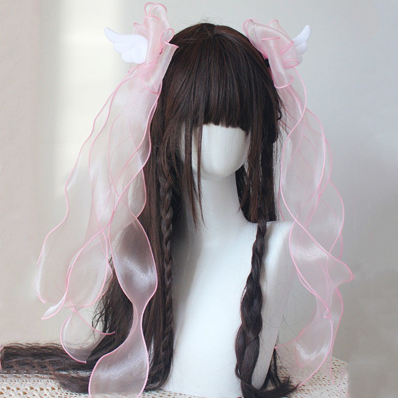 2pcs Angel Wing Lace Hair Clips with Large Bow, Y2K Lolita Style Dark Double Ponytail Accessories for Gothic Lolita Fashion