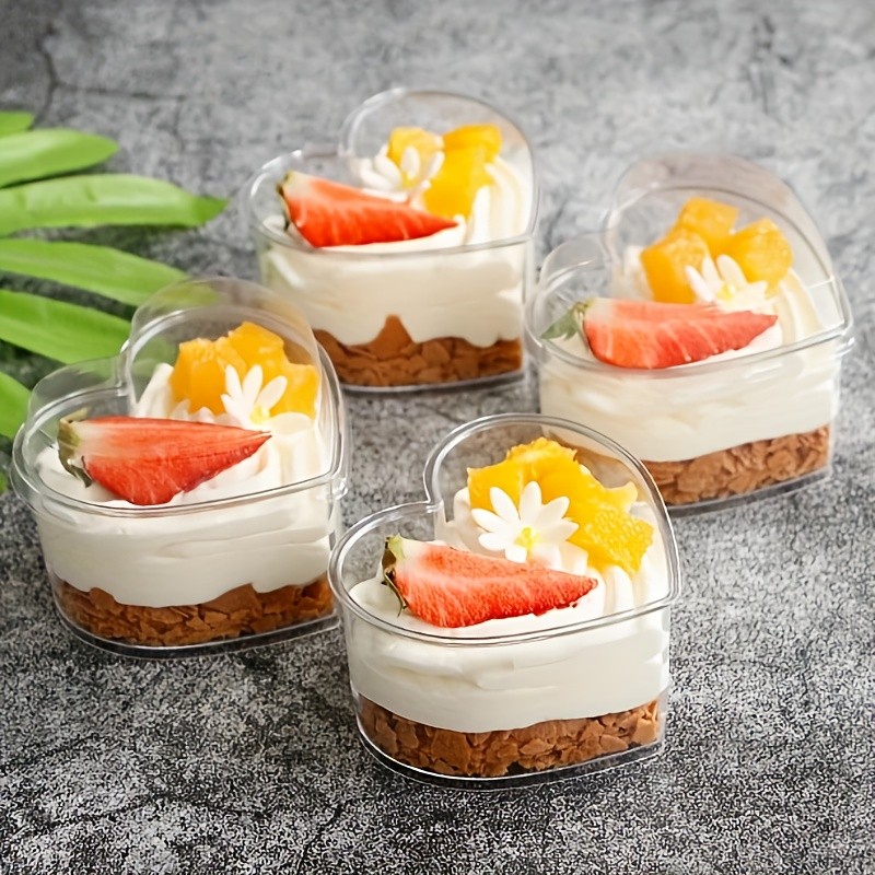 60pcs LDQ Heart-Shaped Mini Dessert Cups with Lids - 5-Ounce Reusable Plastic Bowls, Clear Flip-Top Lids for Yogurt, Jelly, Ice Cream, Fruit Salad - Perfect for Parties, Birthdays, Weddings, Holidays, Holiday Dessert Bowls, Festive Presentation, Decorative Lids