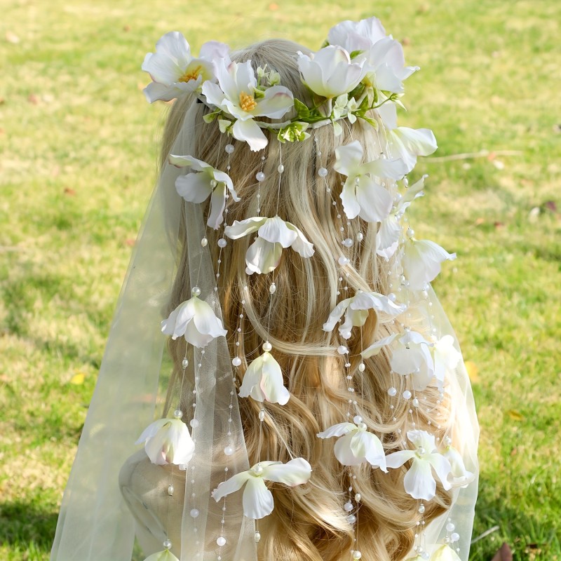 Bohemian White Floral Tassel Bridal Headband with Imitation - Elegant Wedding Hair Accessory for Brides, Hand-Wash Only, Perfect for Outdoor Ceremonies and Bohemian-Themed Events, Bachelorette Party Decorations