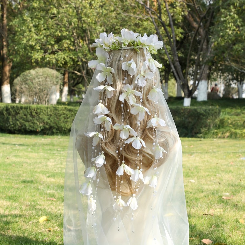 Bohemian White Floral Tassel Bridal Headband with Imitation - Elegant Wedding Hair Accessory for Brides, Hand-Wash Only, Perfect for Outdoor Ceremonies and Bohemian-Themed Events, Bachelorette Party Decorations