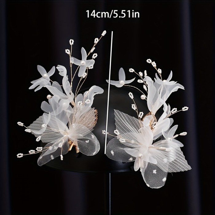 2pcs Elegant Bridal Hair Accessories Set - Vintage Bohemian Style with Floral Design, Sheer Tulle & Metallic Flower Hair Clips for Wedding, Prom, and Formal Events, Wedding Hair Accessories|Vintage Bohemian Style|Mesh Fabric Flowers, Hair Clips for Women