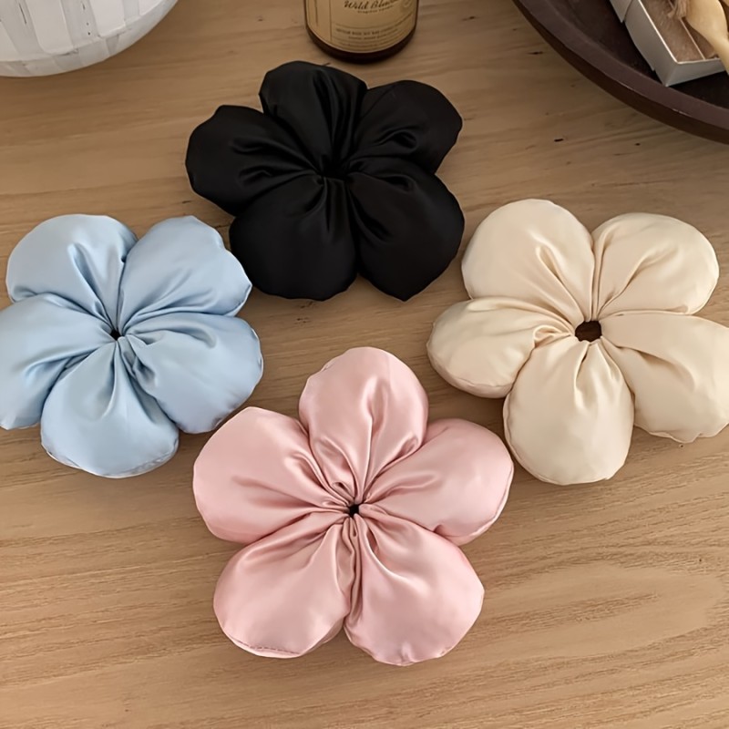 4pcs Elegant Sponge Flower Scrunchies in Assorted Colors - Blue, Black, White, Pink - Soft Fabric, Elastic Hair Bands for Women, Bohemian Style, Perfect for Holidays and Everyday Us