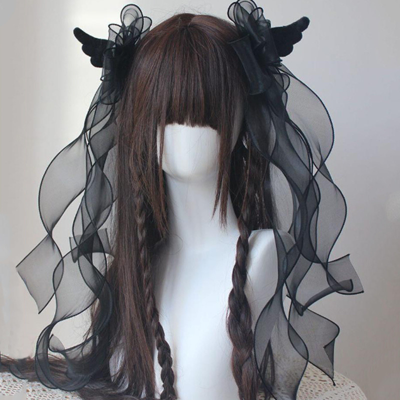 2pcs Angel Wing Lace Hair Clips with Large Bow, Y2K Lolita Style Dark Double Ponytail Accessories for Gothic Lolita Fashion