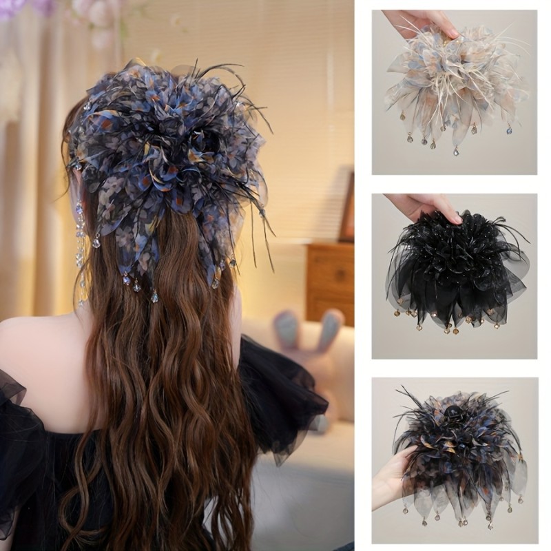 1pc of Elegant Faux Feather Hair Claw Clip, Large Non-Slip Printed Headwear with Pendant, Suitable for Women'S Daily Use, Ponytails, Buns, And Special Occasions, a Light Luxury Hairpin, a Bun Holder, Decorative Hair Accessory (Color And Position of Decorative Accessories Are Random).