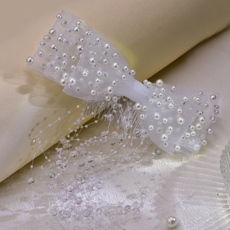 1pc Elegant Elf-Themed Beaded Mesh Bow Hair Accessory, Polyester Fiber Bridal Hair Comb, Hand Washable, No Power Required, Women'S Party and Prom Hairpiece A10