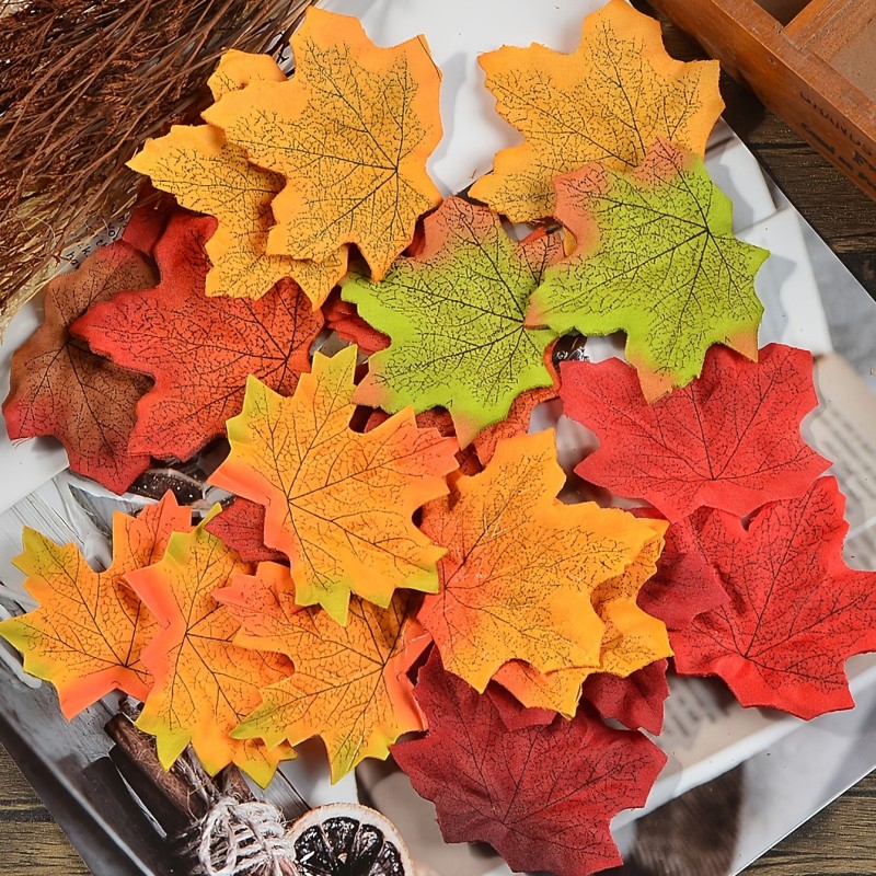 100pcs Vibrant Artificial Maple Leaves - Multicolored Mixed Autumn Decorations for Art Craft DIY Applique, Halloween, Thanksgiving, Christmas Decor, Room Decor, Home Decor, 3.14inch Realistic Fake Leaf with Stem for Creative Projects and Festive Atmosphere