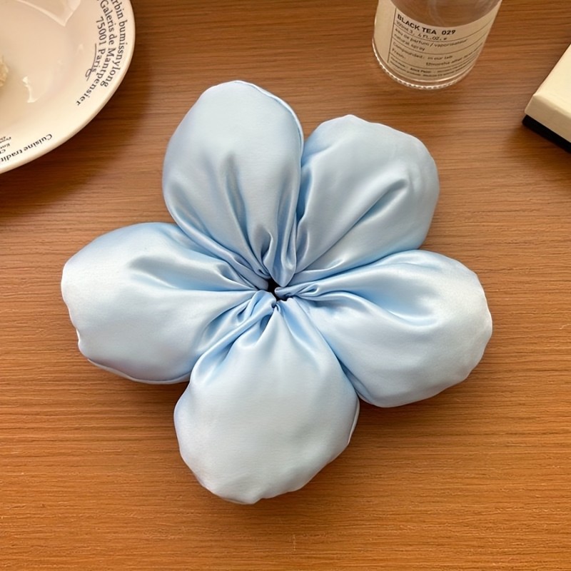 4pcs Elegant Sponge Flower Scrunchies in Assorted Colors - Blue, Black, White, Pink - Soft Fabric, Elastic Hair Bands for Women, Bohemian Style, Perfect for Holidays and Everyday Us