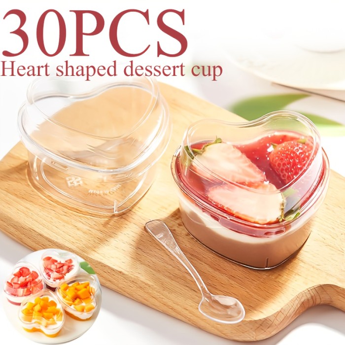 60pcs LDQ Heart-Shaped Mini Dessert Cups with Lids - 5-Ounce Reusable Plastic Bowls, Clear Flip-Top Lids for Yogurt, Jelly, Ice Cream, Fruit Salad - Perfect for Parties, Birthdays, Weddings, Holidays, Holiday Dessert Bowls, Festive Presentation, Decorative Lids