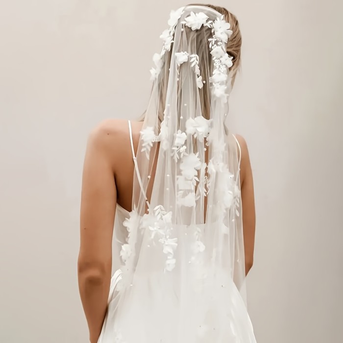 3D Bridal Veil Romantic White or Ivory 3D Floral & Bridal Veil with Comb | 1 Meter Long, Single Layer Design for Brides, Hand Wash Only