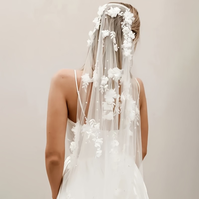 3D Bridal Veil Romantic White or Ivory 3D Floral & Bridal Veil with Comb | 1 Meter Long, Single Layer Design for Brides, Hand Wash Only