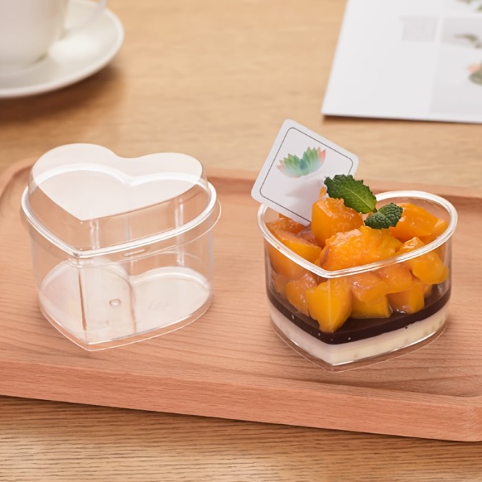 60pcs LDQ Heart-Shaped Mini Dessert Cups with Lids - 5-Ounce Reusable Plastic Bowls, Clear Flip-Top Lids for Yogurt, Jelly, Ice Cream, Fruit Salad - Perfect for Parties, Birthdays, Weddings, Holidays, Holiday Dessert Bowls, Festive Presentation, Decorative Lids