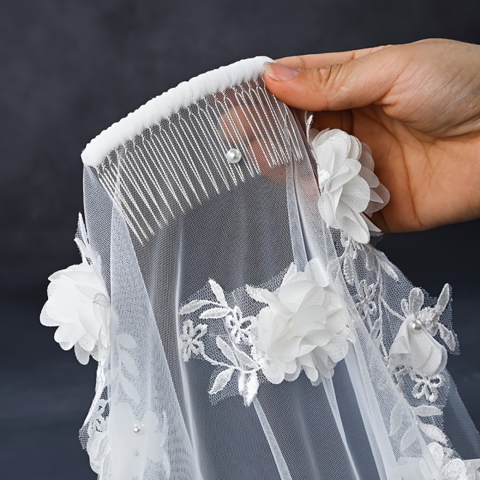 3D Bridal Veil Romantic White or Ivory 3D Floral & Bridal Veil with Comb | 1 Meter Long, Single Layer Design for Brides, Hand Wash Only