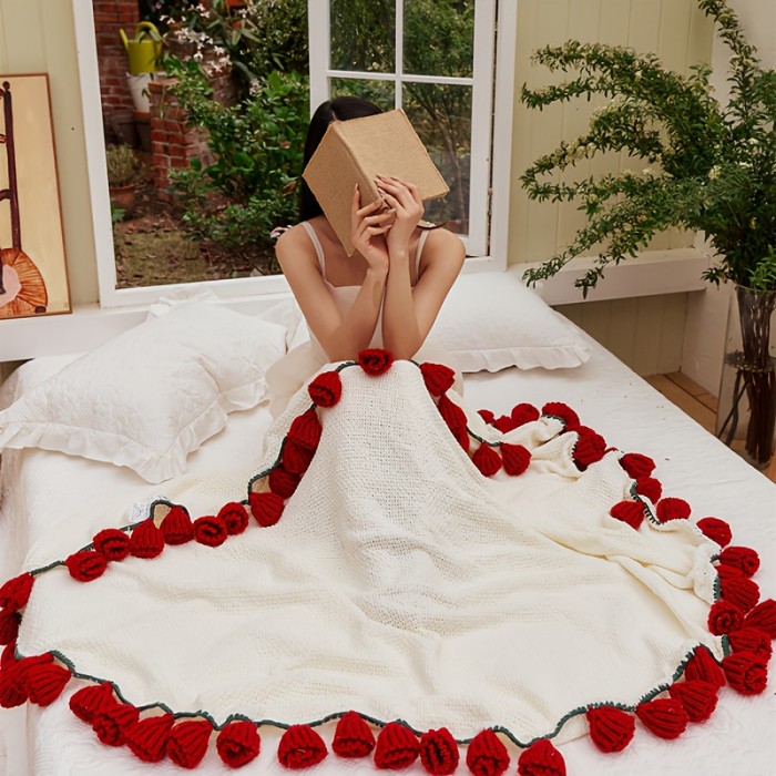 Flowers Rose Bouquet Blanket - Handmade Crochet Soft Throw, 1.5 Meters\u002F59 Inches Finished Big Sizes Red Rose\u002Fpink Rose, Romantic Birthday Gifts for Women Mom Sister Wife, Ideal for Wedding Valentine'S Day Mother'S Day Christmas, Home Decor, Seasonal Decoration