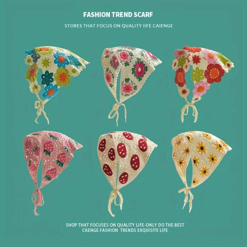 French Country Chic Crochet Triangle Scarf Headband - Sweet and Cute Artistic Style Hair Accessory for Women