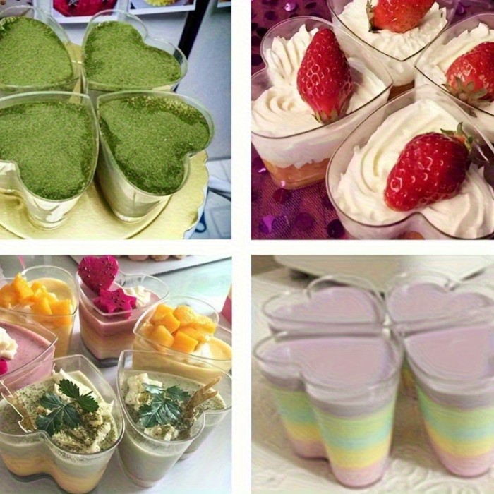 60pcs LDQ Heart-Shaped Mini Dessert Cups with Lids - 5-Ounce Reusable Plastic Bowls, Clear Flip-Top Lids for Yogurt, Jelly, Ice Cream, Fruit Salad - Perfect for Parties, Birthdays, Weddings, Holidays, Holiday Dessert Bowls, Festive Presentation, Decorative Lids