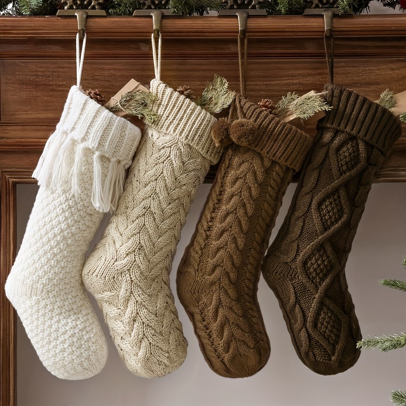 Country Knit Christmas Stockings: 3\u002F4pcs 18 Inch Rustic Neutral Braided Knit Fireplace Stockings, Comfortable Hanging Christmas Stocking Decor, Suitable for Home Holiday Decor, Earth Tones