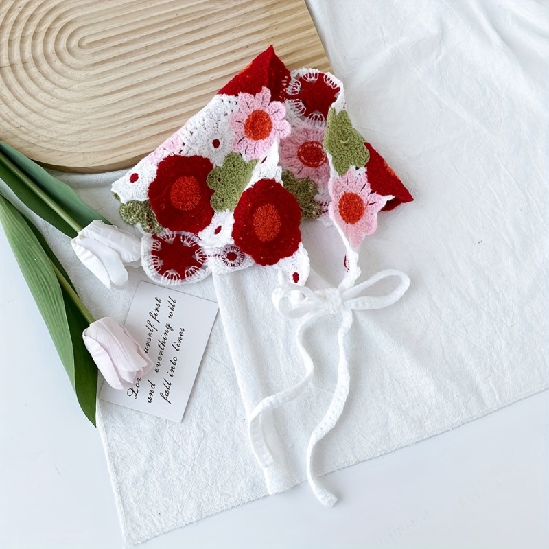 French Country Chic Crochet Triangle Scarf Headband - Sweet and Cute Artistic Style Hair Accessory for Women