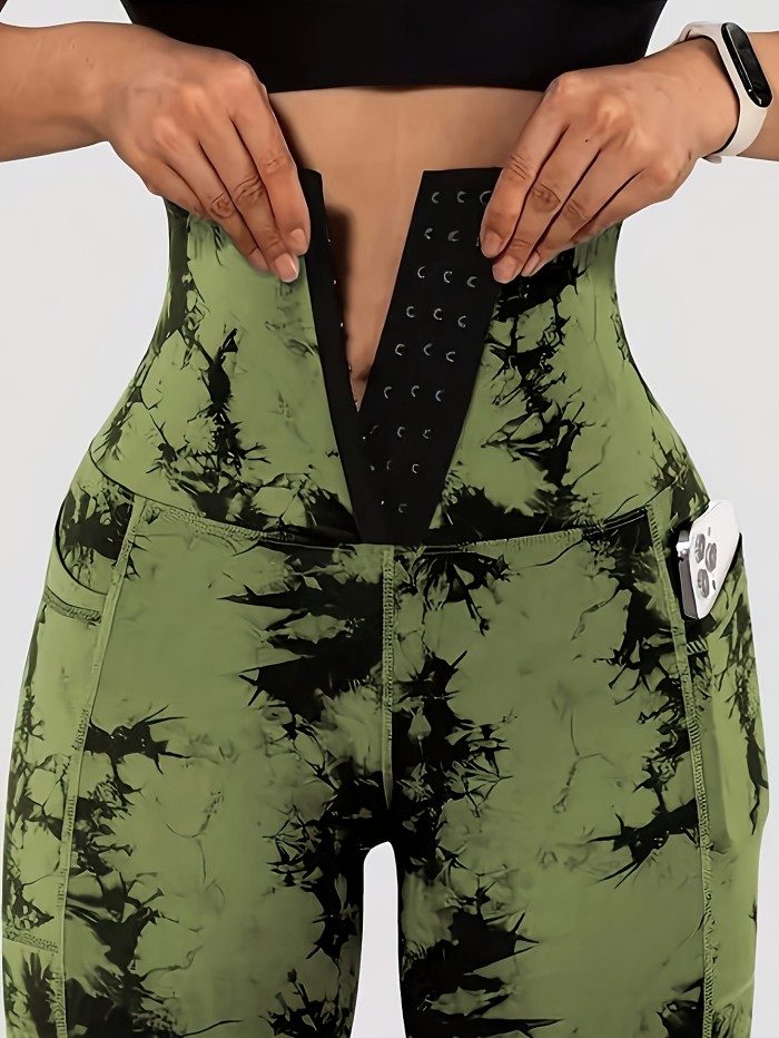 Women'S High-Waist Tie-Dye Print Waist Trainer with Butt Lifting Pockets and Front Buttons