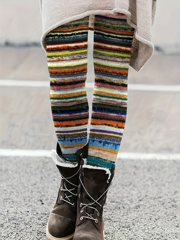 Stretchy Pants Stretchy High-Waisted Women's Pants | Colorful Striped Print - 95% Polyester 5% Elastane, Machine Washable All-Season Comfort for Casual Attire