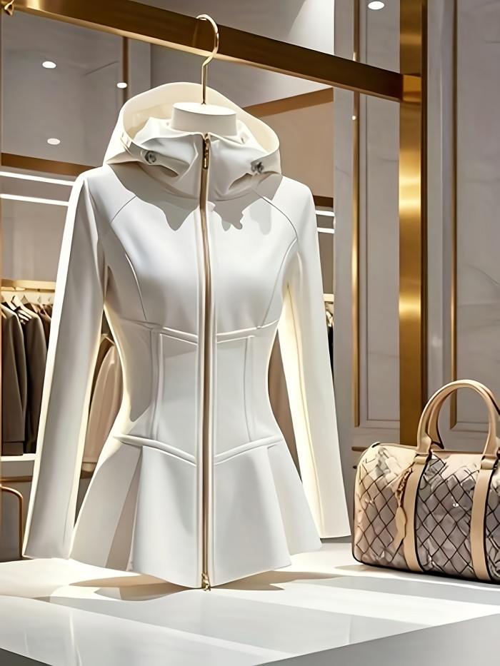 Women's Elegant Chic Office Sleek Material Hooded Zip-Up Jacket