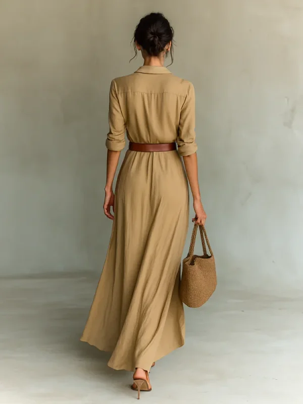 Single Breasted Long Sleeve Warp Slit Shirt Maxi Dress