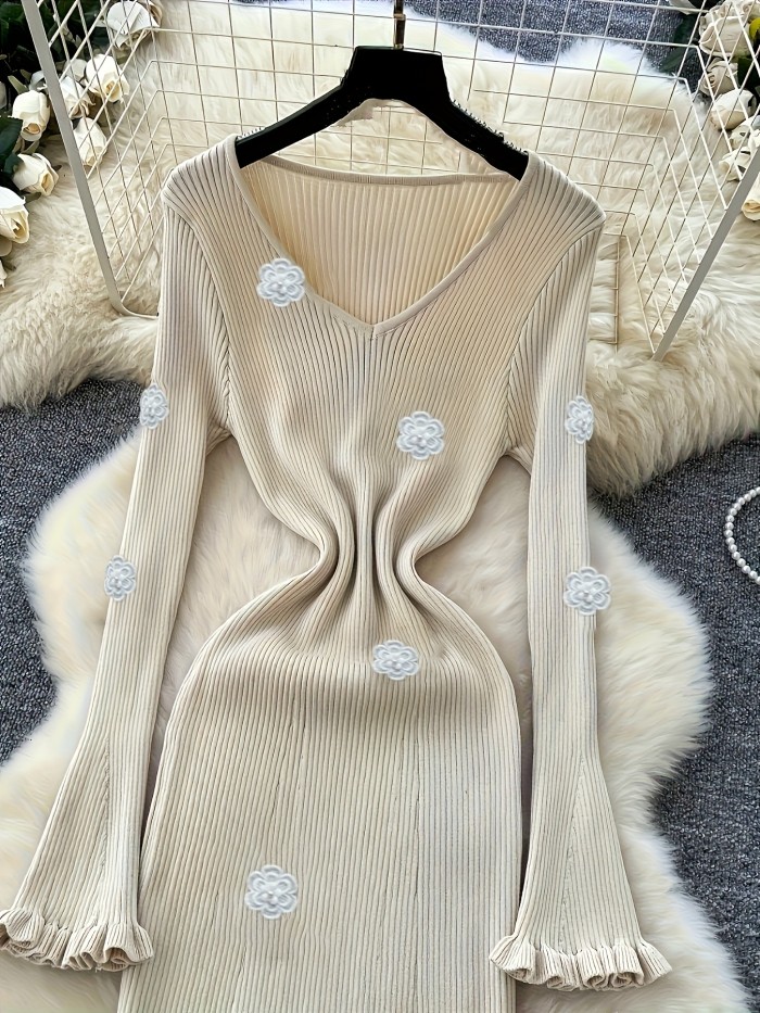 Women'S Elegant V-Neck Casual Outfits Chic Long Sleeve Dress