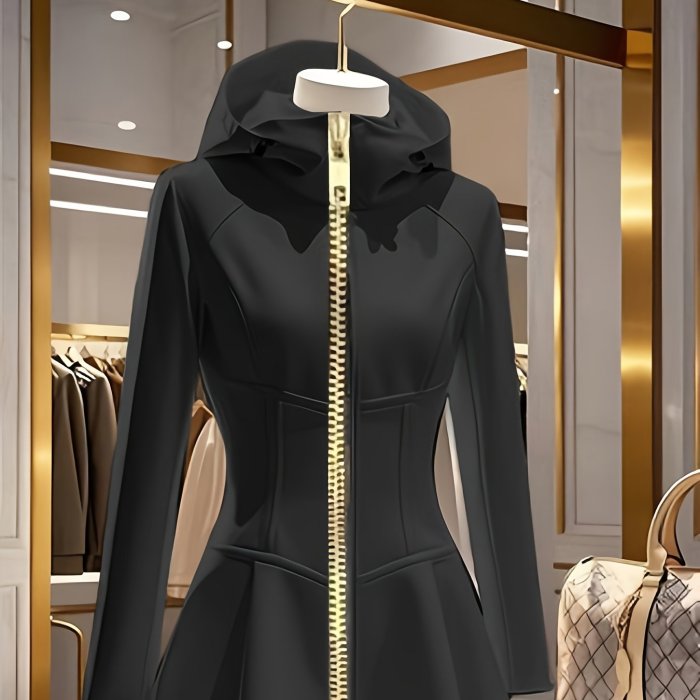 Women's Elegant Chic Office Sleek Material Hooded Zip-Up Jacket