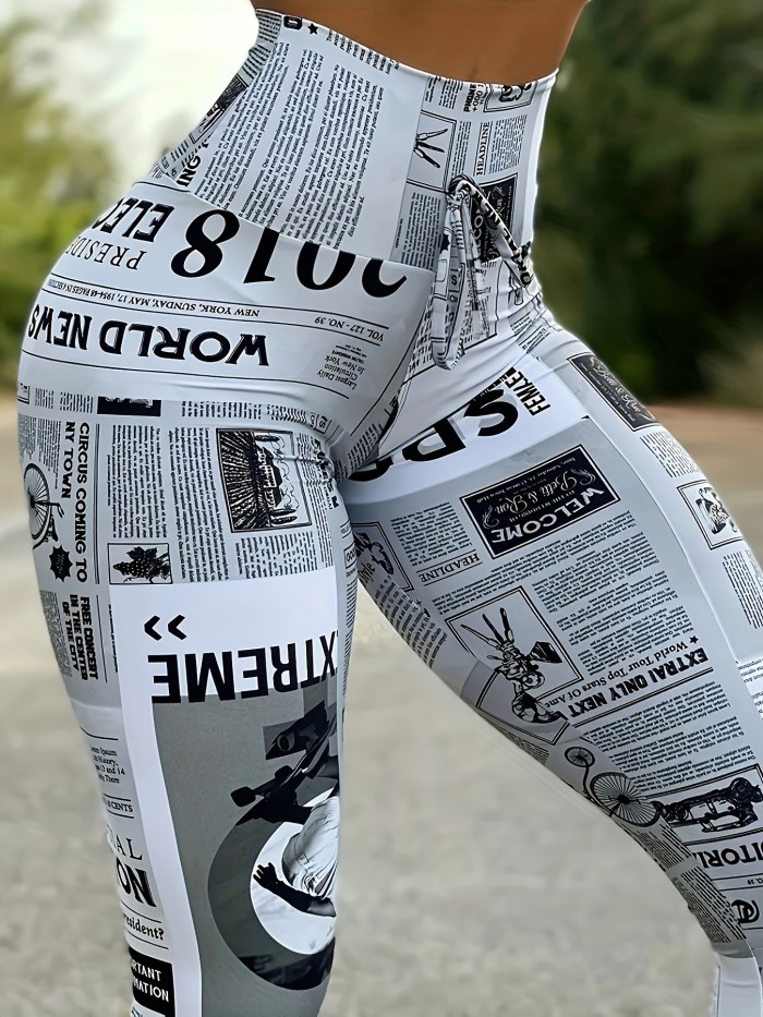 Retro Sports Leggings Retro High Waist Newspaper Printed Sports Leggings for Women