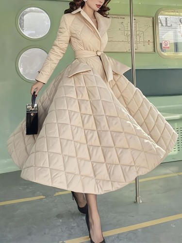 Women's Elegant A-Line Silhouette Long Sleeve Coat Dress with Belt Detail & Flared Hem