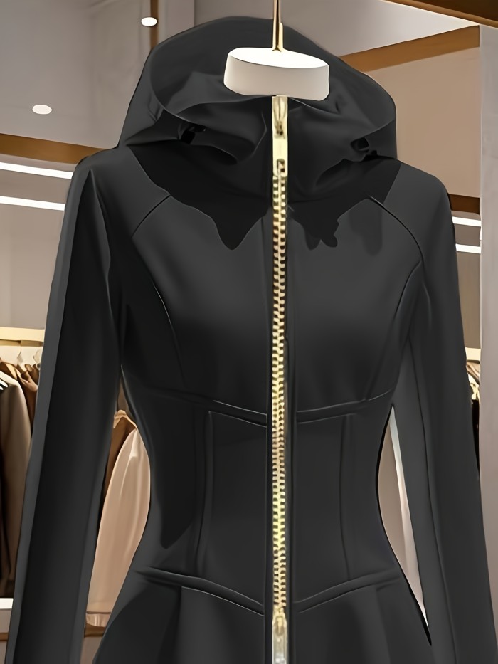 Women's Elegant Chic Office Sleek Material Hooded Zip-Up Jacket