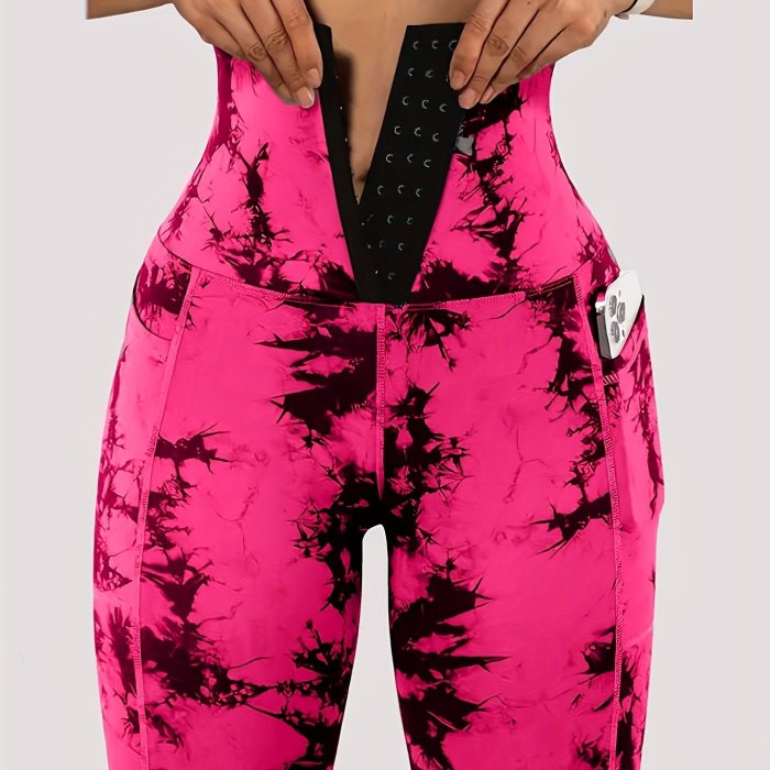 Women'S High-Waist Tie-Dye Print Waist Trainer with Butt Lifting Pockets and Front Buttons