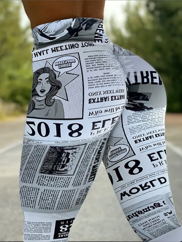 Retro Sports Leggings Retro High Waist Newspaper Printed Sports Leggings for Women