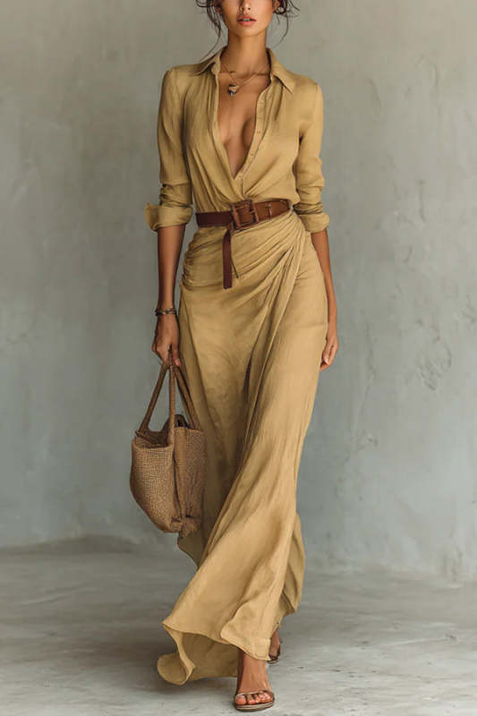 Single Breasted Long Sleeve Warp Slit Shirt Maxi Dress