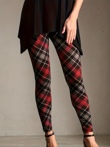 Women's Fashion Plaid Print Skinny Leggings, Machine Washable All-Season High Elasticity Fabric for Casual Outing