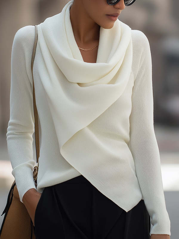 Draped Cowl Neck Long-Sleeve Top