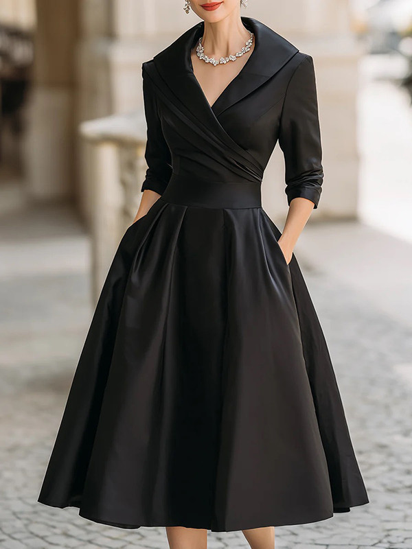 Solid Color Pockets Pleated Three-Quarter Sleeves A-Line V-Neck Midi Dresses