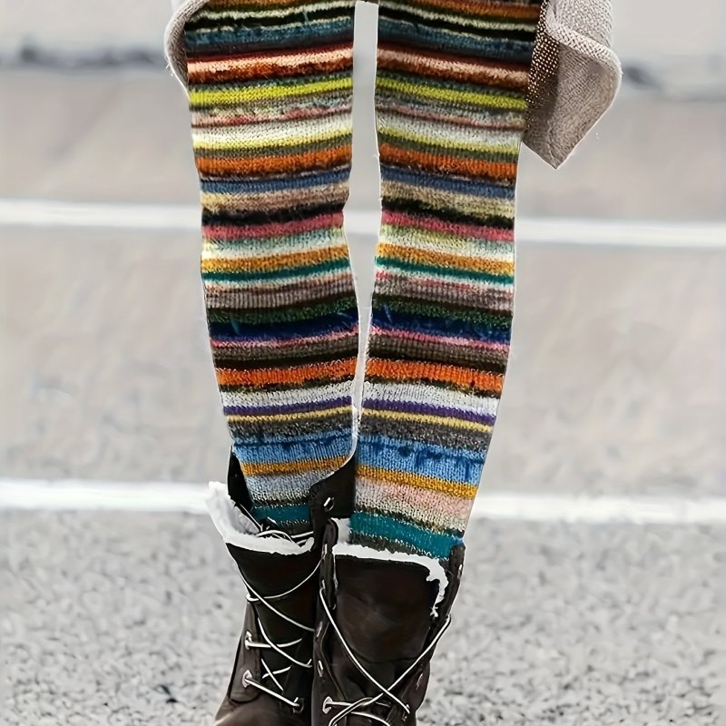 Stretchy Pants Stretchy High-Waisted Women's Pants | Colorful Striped Print - 95% Polyester 5% Elastane, Machine Washable All-Season Comfort for Casual Attire