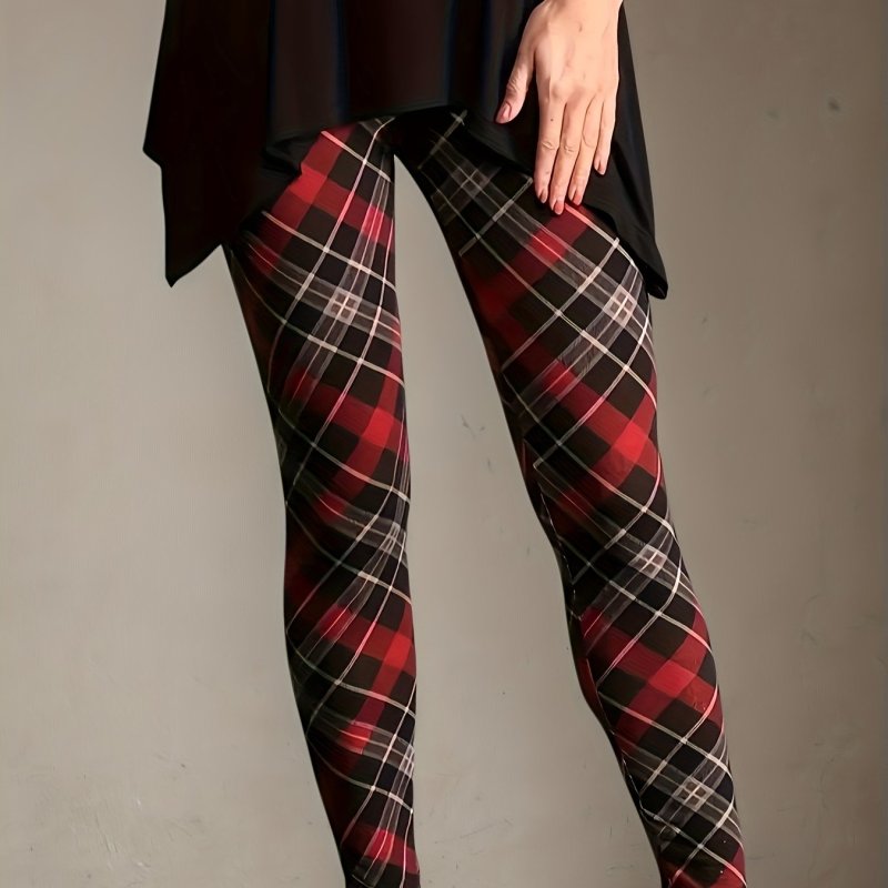 Women's Fashion Plaid Print Skinny Leggings, Machine Washable All-Season High Elasticity Fabric for Casual Outing