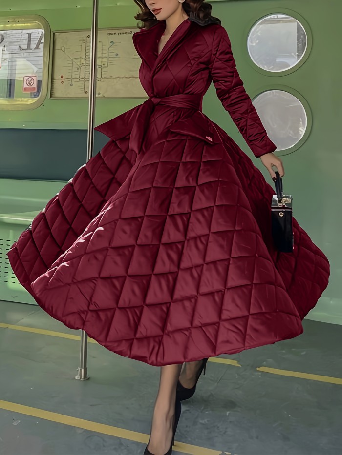Women's Elegant A-Line Silhouette Long Sleeve Coat Dress with Belt Detail & Flared Hem
