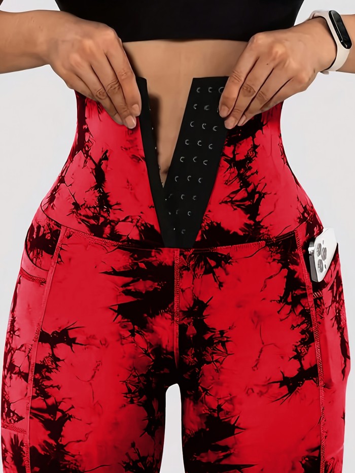 Women'S High-Waist Tie-Dye Print Waist Trainer with Butt Lifting Pockets and Front Buttons