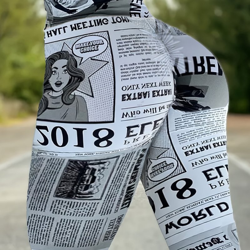 Retro Sports Leggings Retro High Waist Newspaper Printed Sports Leggings for Women