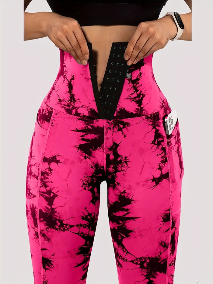 Women'S High-Waist Tie-Dye Print Waist Trainer with Butt Lifting Pockets and Front Buttons
