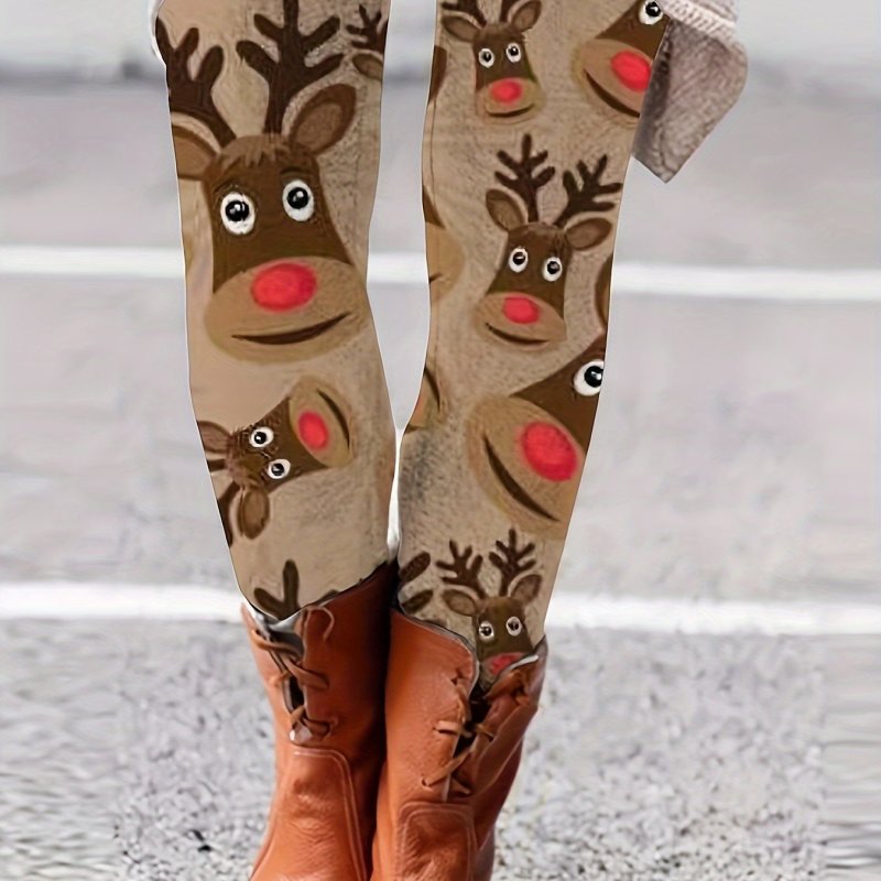 Vibrant Style Plus Size Women's Festive Reindeer Print High-Waist Yoga Pants - Stretchy, Comfortable Polyester Activewear Leggings for Running & Fitness, Workout Leggings