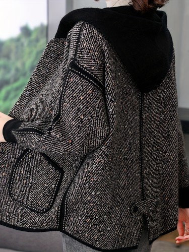 Polyester Casual Hooded Long Sleeve Regular Length Loose Fit Single Breasted Button Front Placket Jacket for Middle-Aged Women, Spring and Autumn