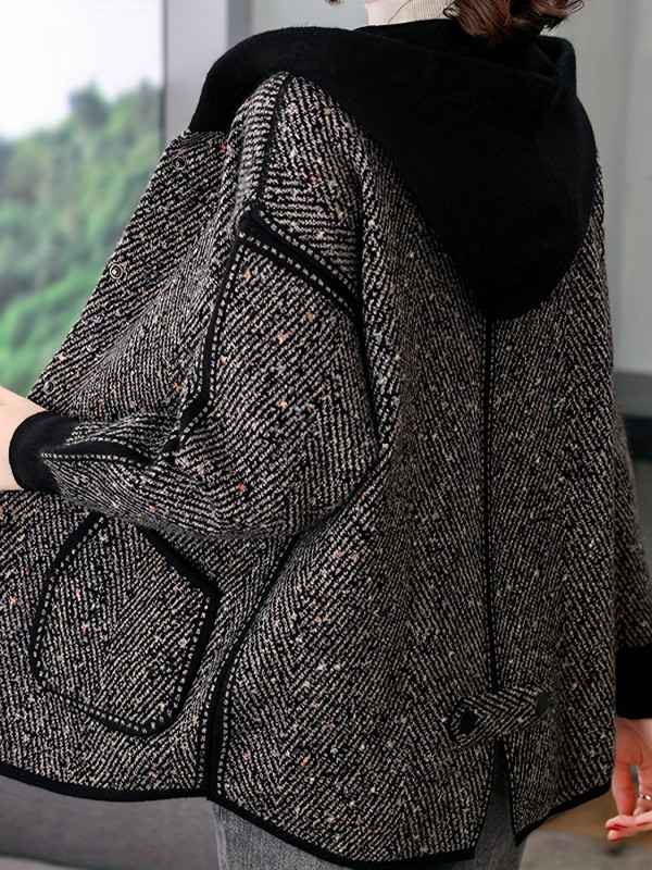 Polyester Casual Hooded Long Sleeve Regular Length Loose Fit Single Breasted Button Front Placket Jacket for Middle-Aged Women, Spring and Autumn