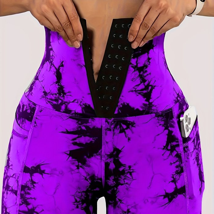 Women'S High-Waist Tie-Dye Print Waist Trainer with Butt Lifting Pockets and Front Buttons