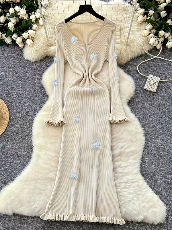 Women'S Elegant V-Neck Casual Outfits Chic Long Sleeve Dress