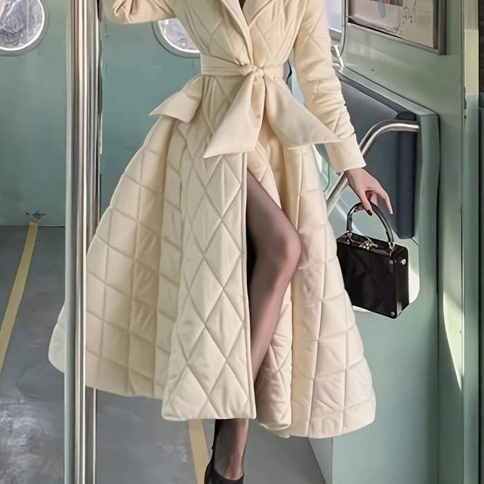 Women's Elegant A-Line Silhouette Long Sleeve Coat Dress with Belt Detail & Flared Hem