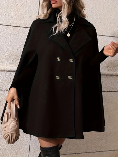 Elegant Warm Solid Double Breasted Cloak Overcoat - Lapel Winter Outwear for Fall & Winter - Women's Clothing
